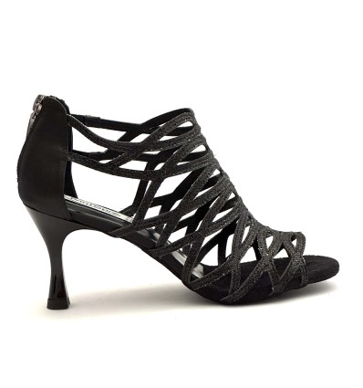 Scarpe da ballo donna salsa bachata kizomba tango articolo PD803 glitter raso nero suola bufalo tacco 70