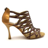 Scarpe da ballo donna salsa bachata kizomba tango articolo PD803 glitter raso bronzo suola bufalo tacco 90