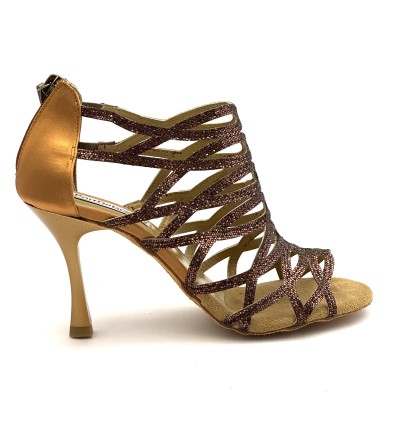 Scarpe da ballo donna salsa bachata kizomba tango articolo PD803 glitter raso bronzo suola bufalo tacco 90