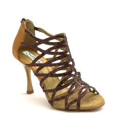 Scarpe da ballo donna salsa bachata kizomba tango articolo PD803 glitter raso bronzo suola bufalo tacco 90