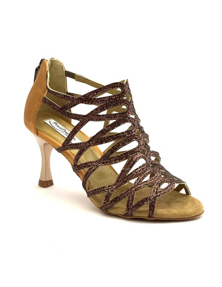 Scarpe da ballo donna salsa bachata kizimba tango articolo PD803 glitter raso bronzo suola bufalo tacco 70