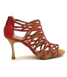 Scarpe da ballo donna salsa bachata kizomba tango articolo PD803 glitter raso rosso suola bufalo tacco 90