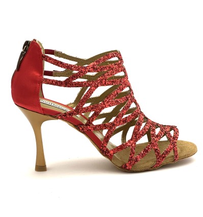 Scarpe da ballo donna salsa bachata kizomba tango articolo PD803 glitter raso rosso suola bufalo tacco 90