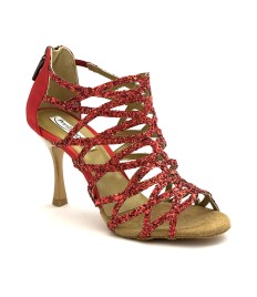 Scarpe da ballo donna salsa bachata kizomba tango articolo PD803 glitter raso rosso suola bufalo tacco 90