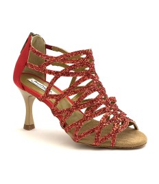 Scarpe da ballo donna salsa bachata kizomba tango articolo PD803 glitter raso rosso suola bufalo tacco 70