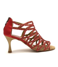Scarpe da ballo donna salsa bachata kizomba tango articolo PD803 glitter raso rosso suola bufalo tacco 70