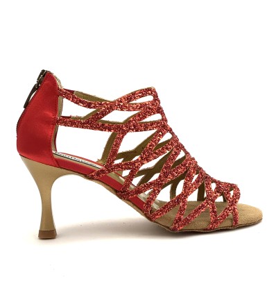 Scarpe da ballo donna salsa bachata kizomba tango articolo PD803 glitter raso rosso suola bufalo tacco 70