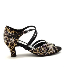 Scarpe da ballo donna latino salsa bachata ballo da sala articolo L19 raso leopardo beige strass boreali suola bufalo tacco 60
