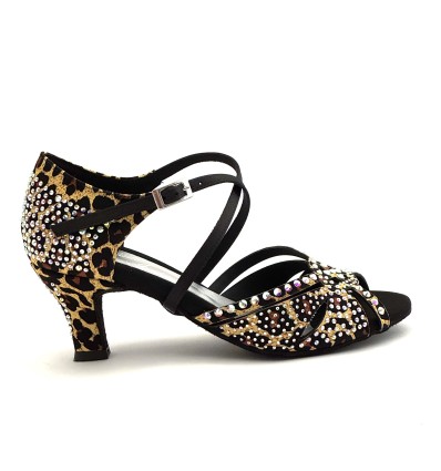 Scarpe da ballo donna latino salsa bachata ballo da sala articolo L19 raso leopardo beige strass boreali suola bufalo tacco 60
