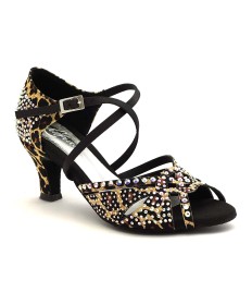 Scarpe da ballo donna latino salsa bachata ballo da sala articolo L19 raso leopardo beige strass boreali suola bufalo tacco 60