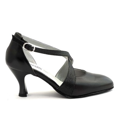 Scarpe da ballo donna ballo da sala liscio latino tango articolo 100 pelle nera glitter nero suola bufalo tacco 70