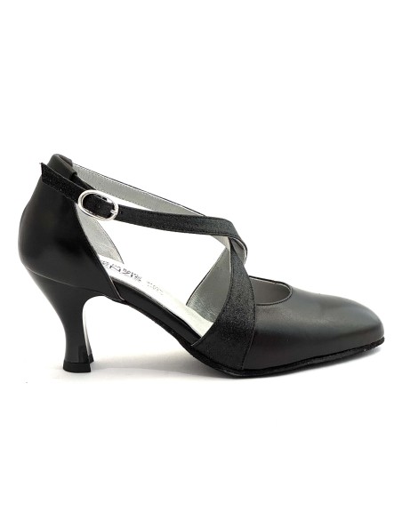 Scarpe da ballo donna ballo da sala liscio latino tango articolo 100 pelle nera glitter nero suola bufalo tacco 70
