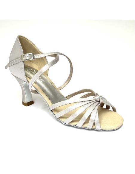 Scarpa da ballo donna latino americano caraibici salsa bachata articolo 205 raso argento suola bufalo tacco 70 rocchetto