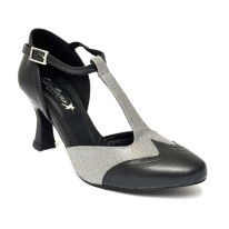 Scarpe da ballo donna ballo da sala liscio latino tango articolo 413 pelle nera tessuto galassia suola bufalo tacco 70 2