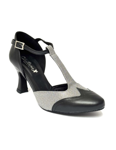 Scarpe da ballo donna ballo da sala liscio latino tango articolo 413 pelle nera tessuto galassia suola bufalo tacco 70