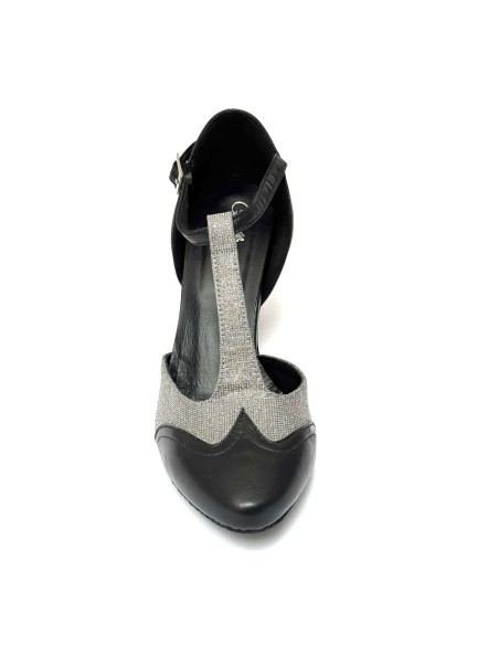 Scarpe da ballo donna ballo da sala liscio latino tango articolo 413 pelle nera tessuto galassia suola bufalo tacco 70