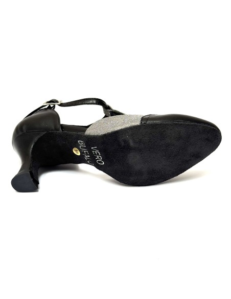 Scarpe da ballo donna ballo da sala liscio latino tango articolo 413 pelle nera tessuto galassia suola bufalo tacco 70
