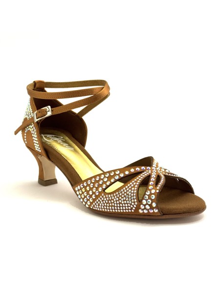 Scarpa da ballo donna latino americano caraibici salsa bachata articolo L2F raso carne scuro strass boreali suola cuoio tacco 50