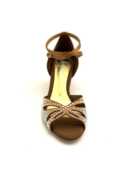 Scarpa da ballo donna latino americano caraibici salsa bachata articolo L2F raso carne scuro strass boreali suola cuoio tacco 50