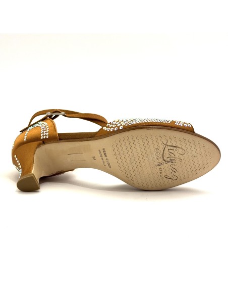 Scarpa da ballo donna latino americano caraibici salsa bachata articolo L2F raso carne scuro strass boreali suola cuoio tacco 50