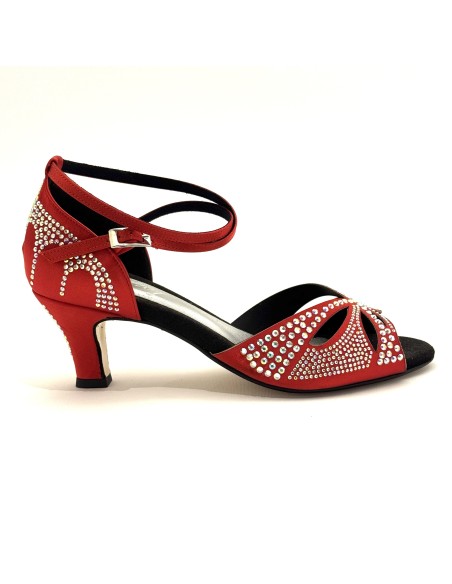 Scarpa da latino americano raso rosso e strass suola cuoio tacco 60