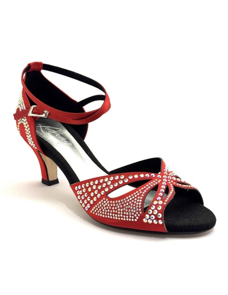 Scarpa da latino americano raso rosso e strass suola cuoio tacco 60
