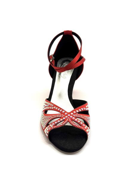 Scarpa da latino americano raso rosso e strass suola cuoio tacco 60
