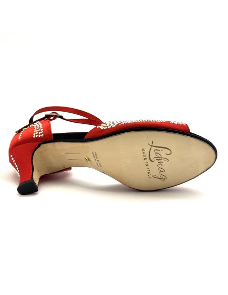 Scarpa da latino americano raso rosso e strass suola cuoio tacco 60