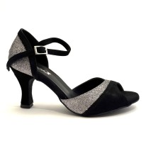 Scarpa da ballo donna latino salsa ballo da sala articolo 727 camoscio nero glitter canna di fucile suola bufalo tacco 70