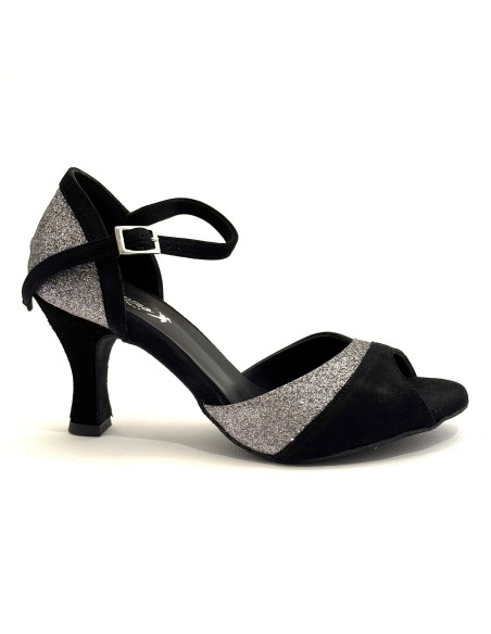 Scarpa da ballo donna latino salsa ballo da sala articolo 727 camoscio nero glitter canna di fucile suola bufalo tacco 70