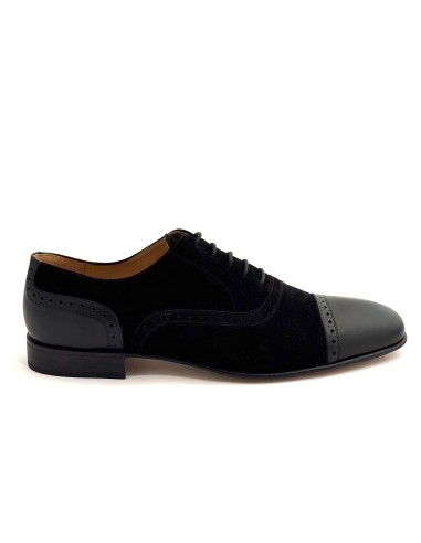 Scarpe da uomo elegante articolo 1600 camoscio nero pelle nera suola cuoio tacco 25